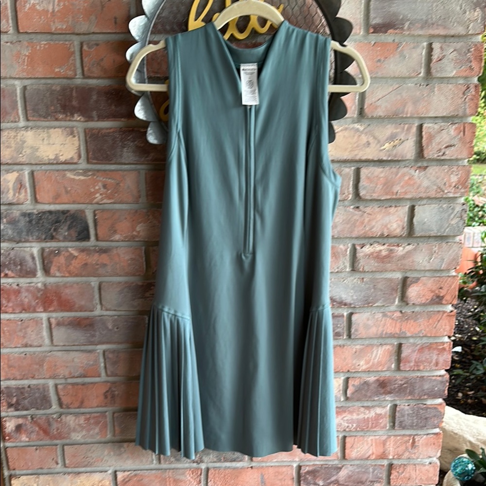 Athleta Green V-Neck Pleated Mini Dress